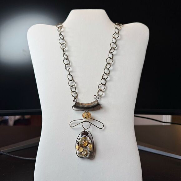 Vintage Handmade Unique Gold Wire and Stone Pendant Necklace - Picture 1 of 8